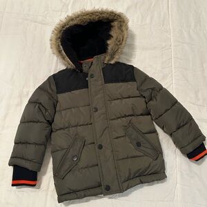 Kids' Olive Green Puffer Jacket with Faux Fur Hood